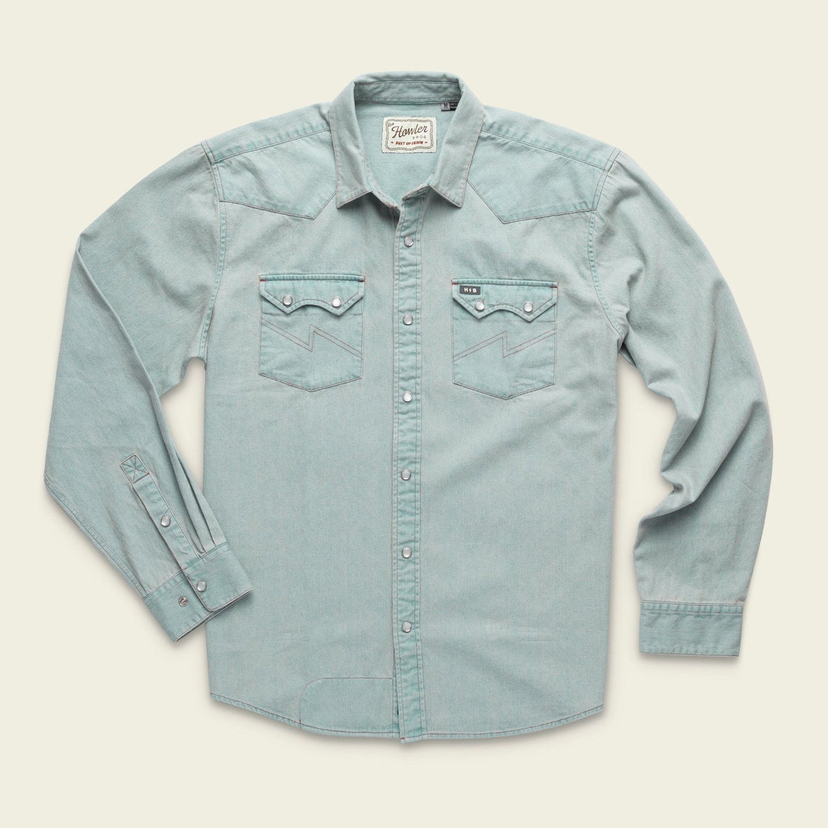 Roper's Clothing Denim Pearl Snap Shirt in Garth Light Wash, front view