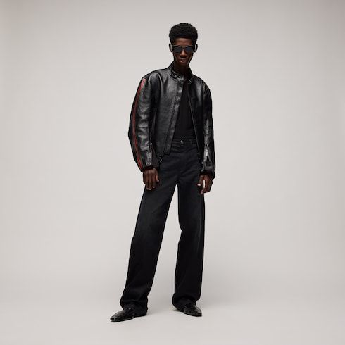 Men's Web Detail Leather Biker Jacket