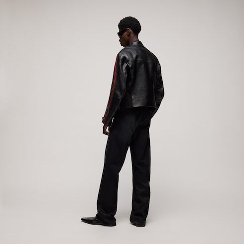 Men's Web Detail Leather Biker Jacket
