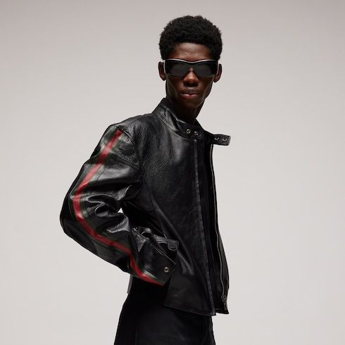Men's Web Detail Leather Biker Jacket