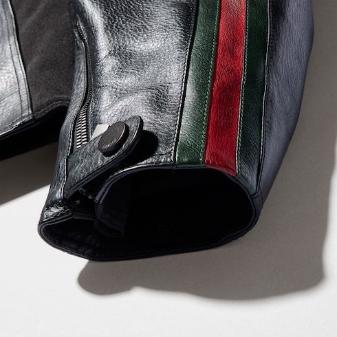 Men's Web Detail Leather Biker Jacket