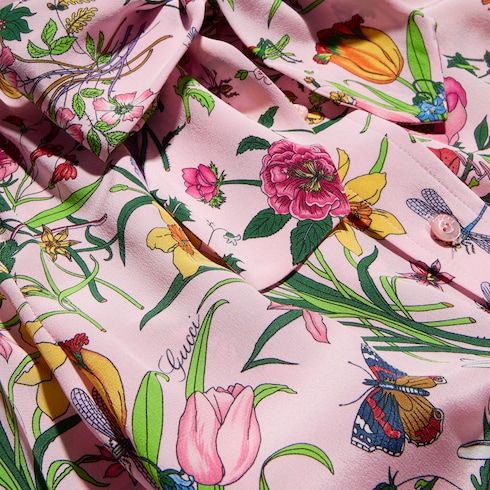 Women's Printed Silk Chemisier Dress with Bow