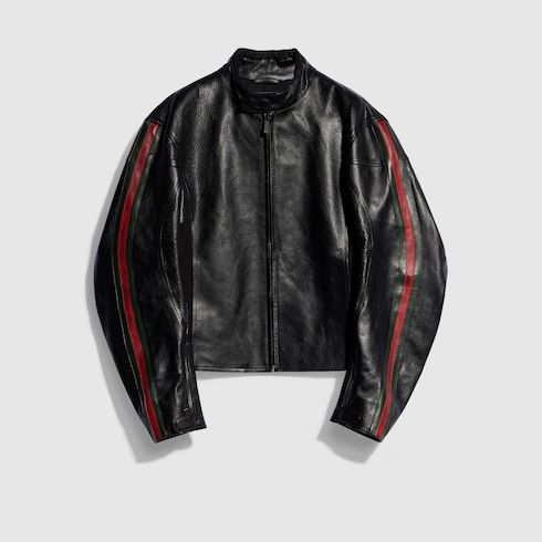 Men's Web Detail Leather Biker Jacket