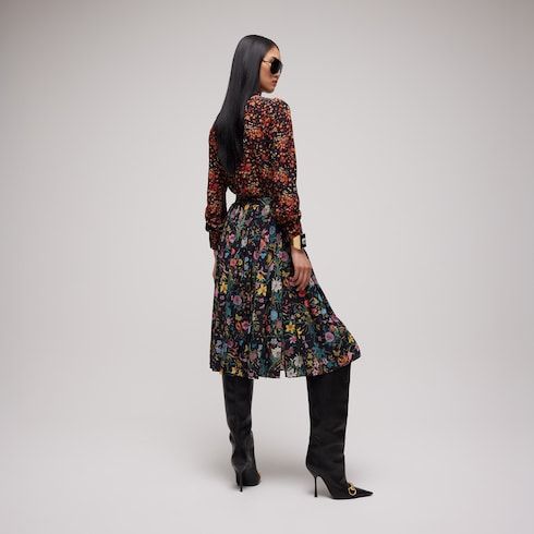 Women's Printed Silk Pleated Midi Skirt