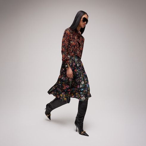 Women's Printed Silk Pleated Midi Skirt