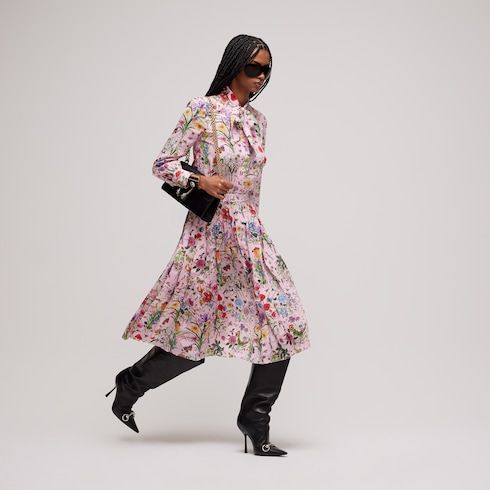 Women's Printed Silk Chemisier Dress with Bow