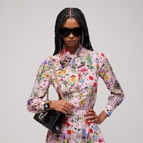 Women's Printed Silk Chemisier Dress with Bow