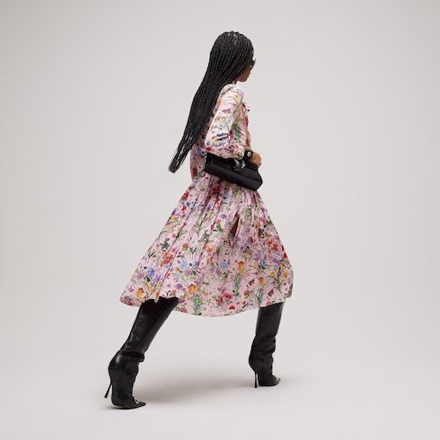 Women's Printed Silk Chemisier Dress with Bow