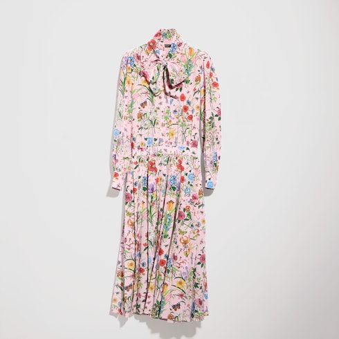 Women's Printed Silk Chemisier Dress with Bow