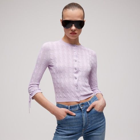 Women's Braided Cotton Blend Cardigan with Lace