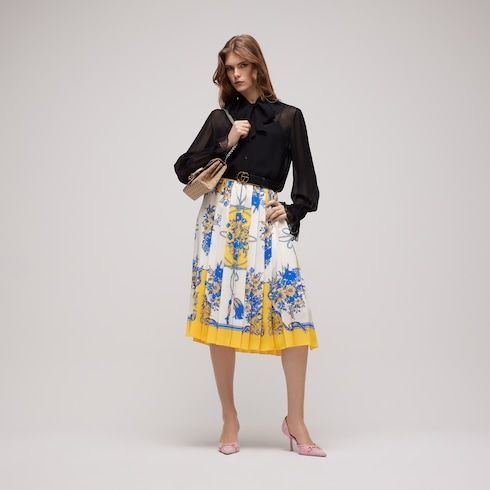 Women's Printed Silk Pleated Midi Skirt