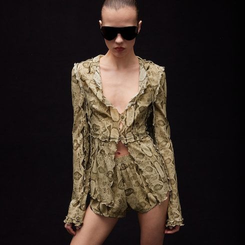 Women's Printed Silk Shirt with Frill Trim