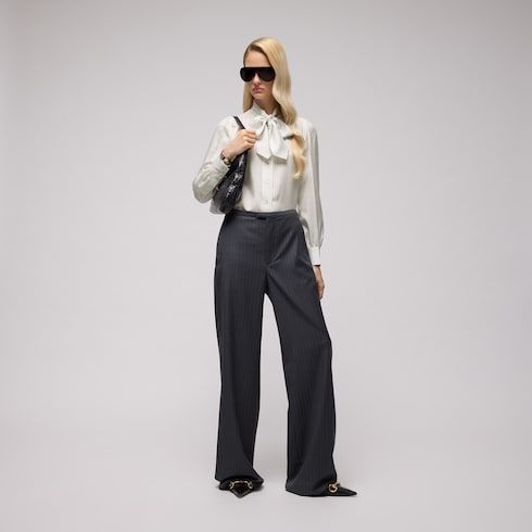 Women's Pinstripe Jacquard Silk Shirt with Bow