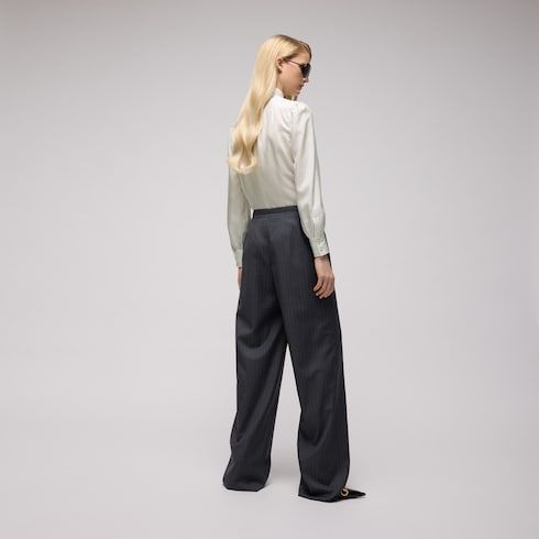 Women's Pinstripe Jacquard Silk Shirt with Bow