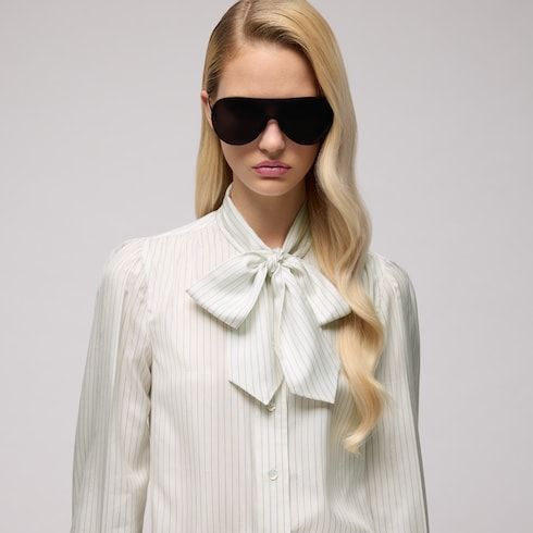 Women's Pinstripe Jacquard Silk Shirt with Bow