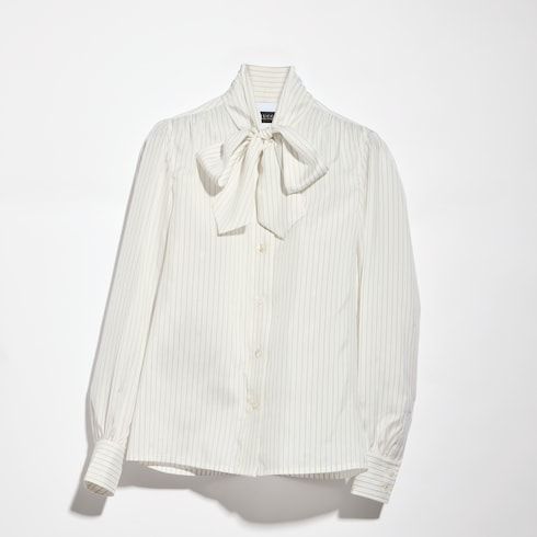 Women's Pinstripe Jacquard Silk Shirt with Bow