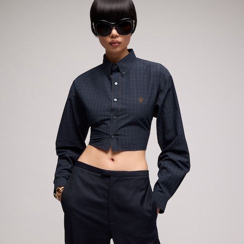 Women's Cropped Checked Cotton Poplin Shirt