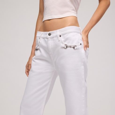 Women's Washed Cotton Denim Flared-Leg Pants with Horsebit