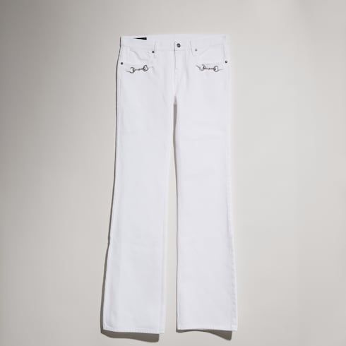 Women's Washed Cotton Denim Flared-Leg Pants with Horsebit