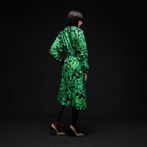 Women's Printed Shiny Stretch Silk Long Dress