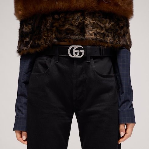 Women's Double G Crystal Buckle Leather Belt