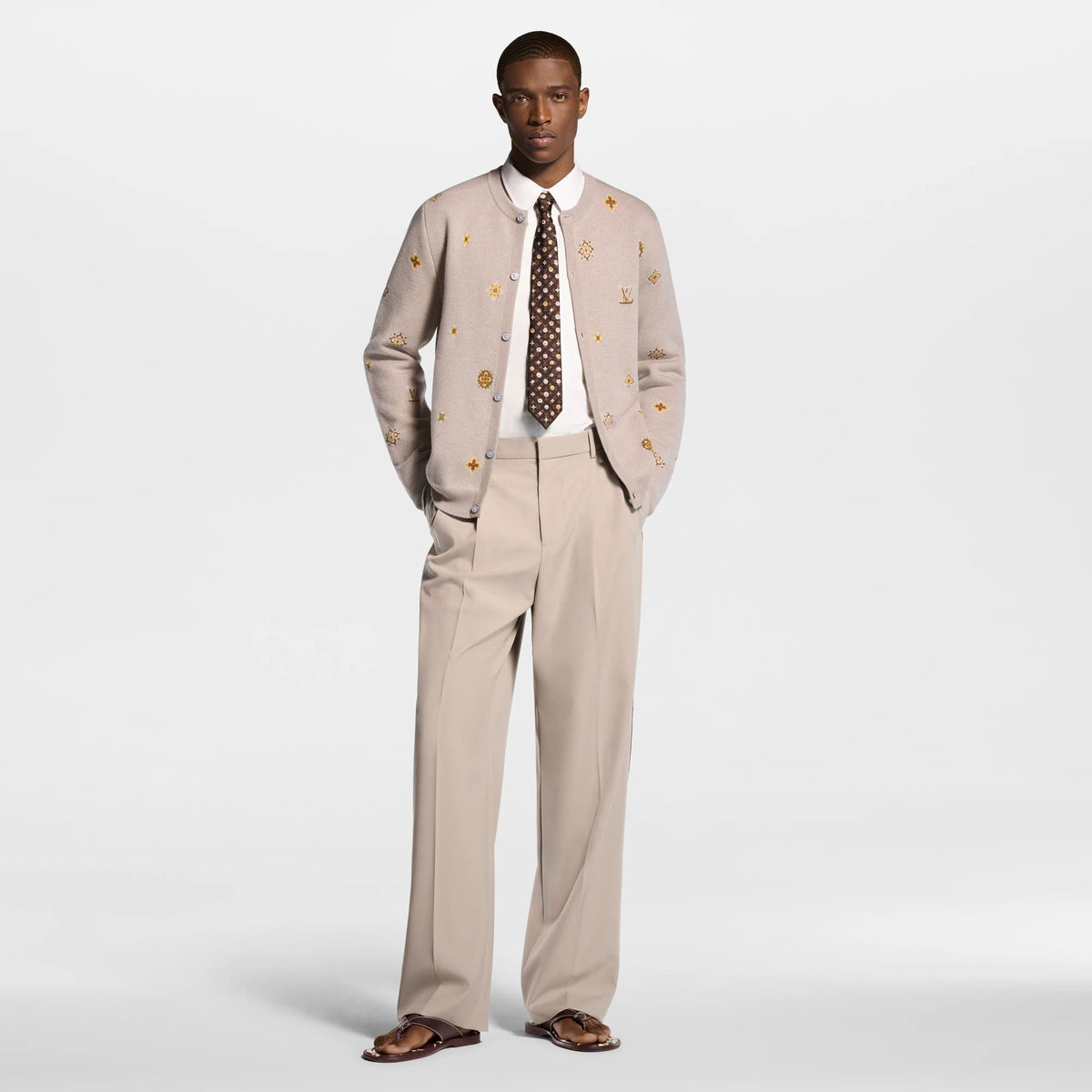 Men's Collarless Jacquard Wool Cotton Cardigan