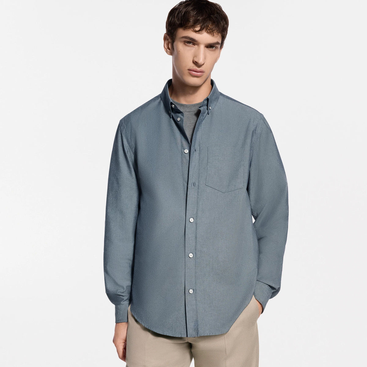 Men's Cotton-Silk Chambray Long-Sleeved Shirt