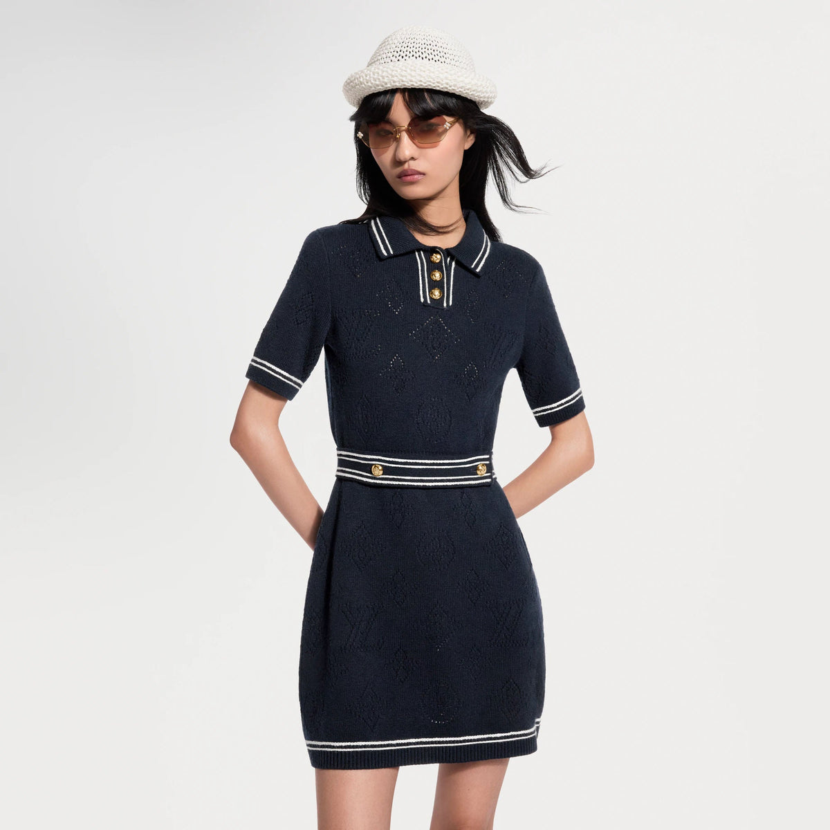 Women's Contrast Accent Openwork Knit Dress