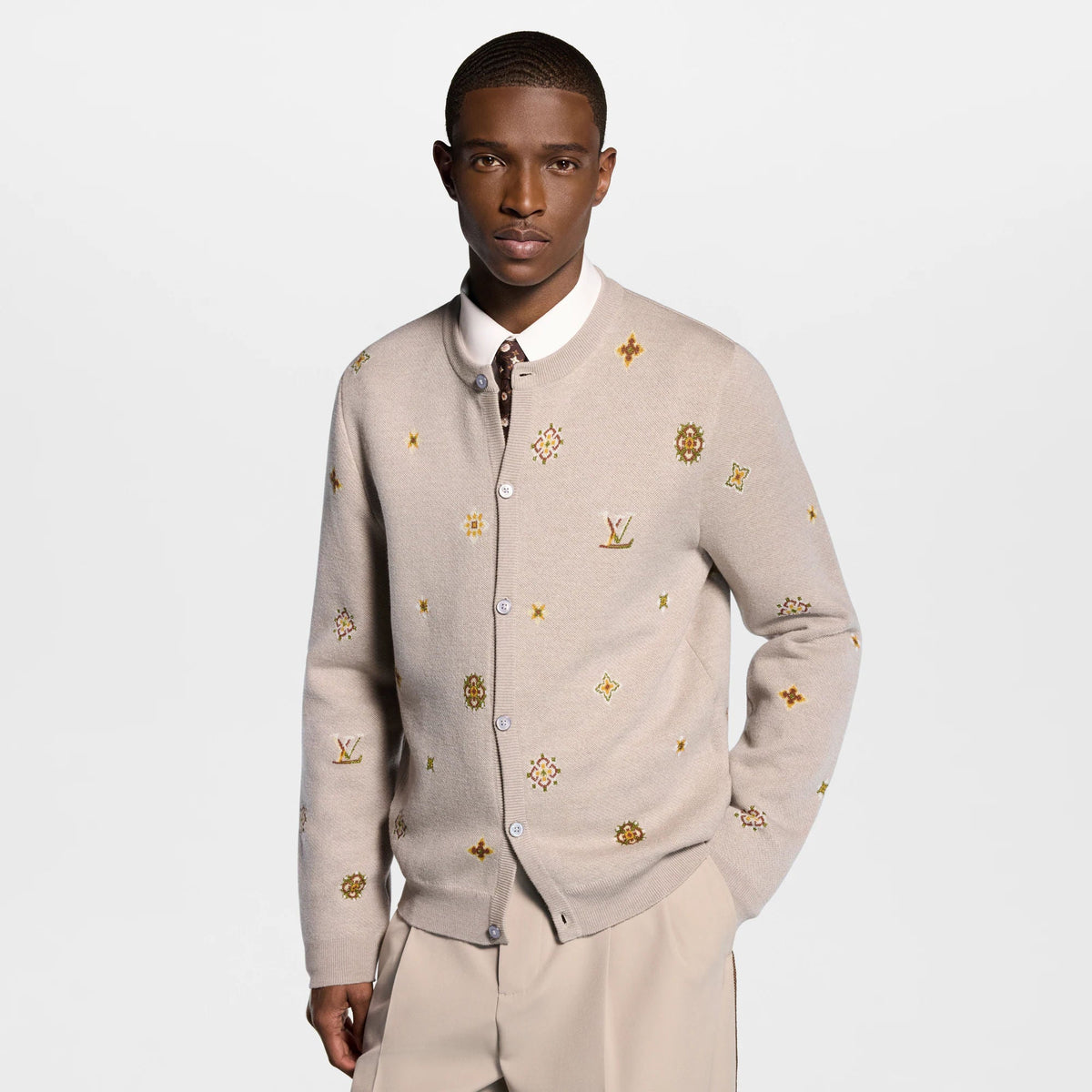 Men's Collarless Jacquard Wool Cotton Cardigan