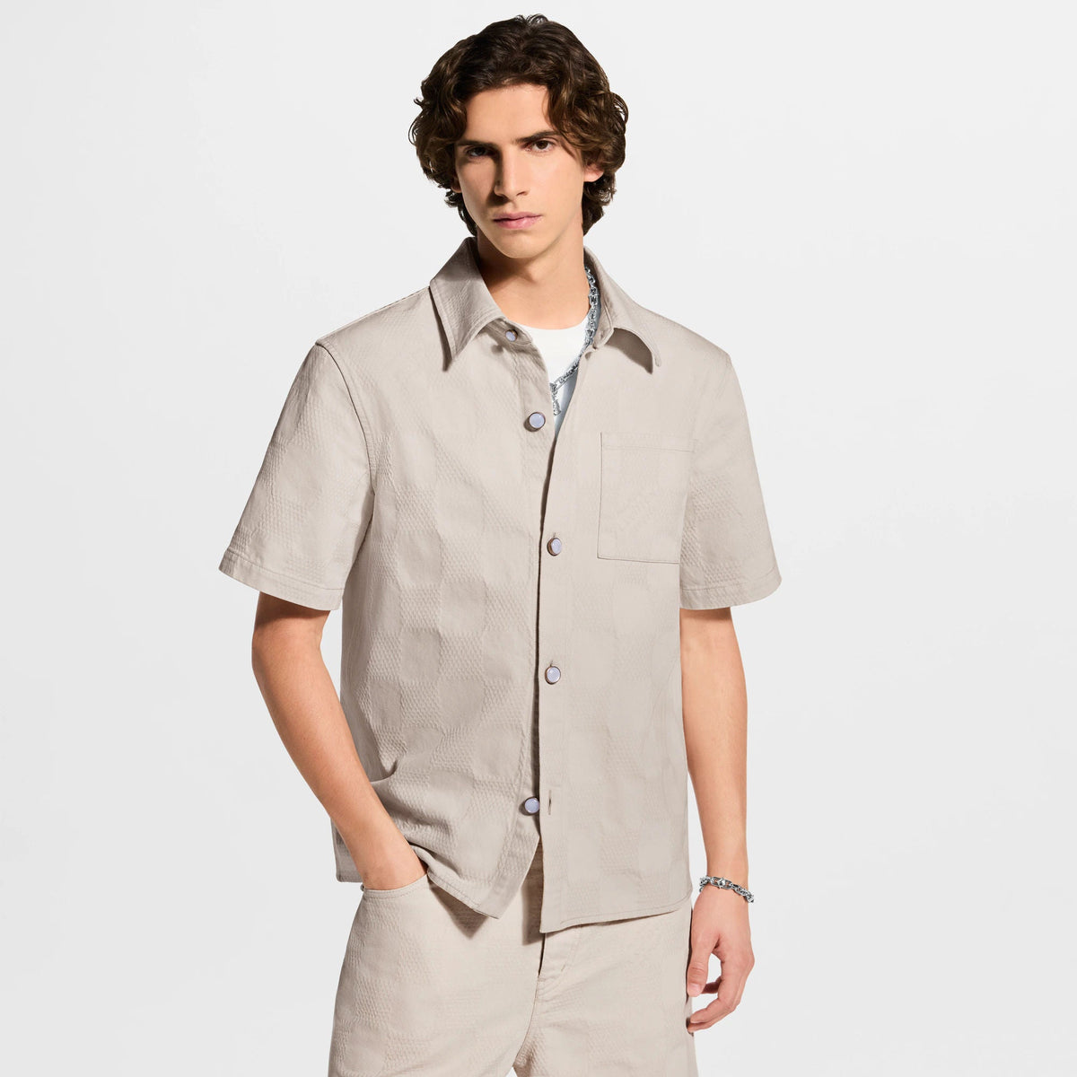 Men's Damier 3D Light Denim Short-Sleeved Shirt