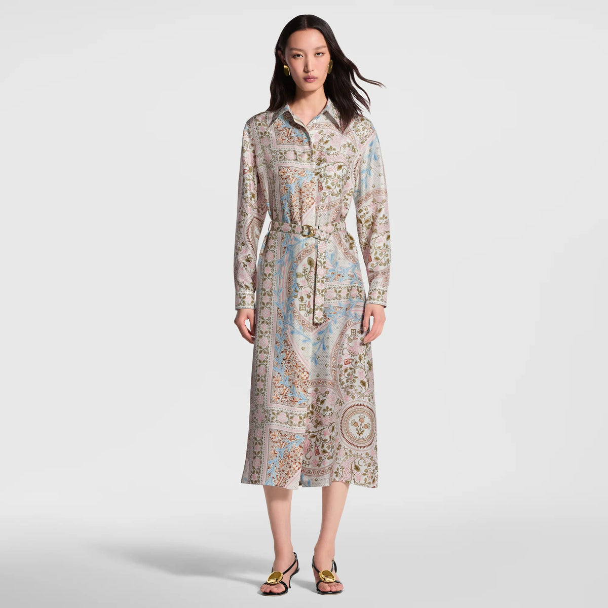 Women's Flower Foulard Silk Twill Shirt Dress