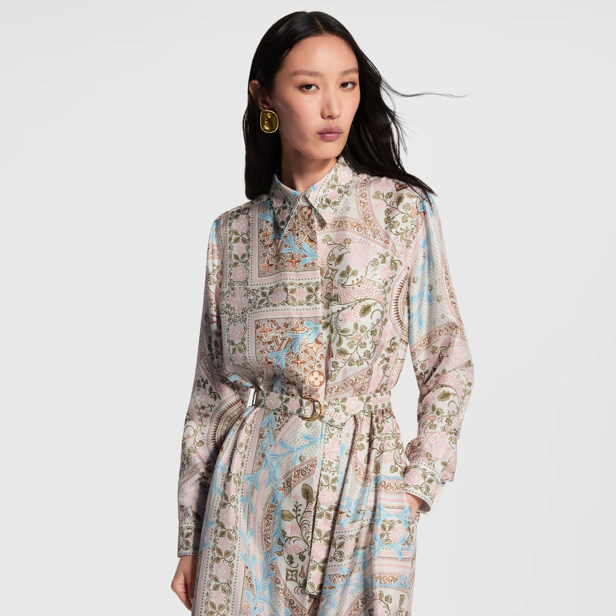 Women's Flower Foulard Silk Twill Shirt Dress