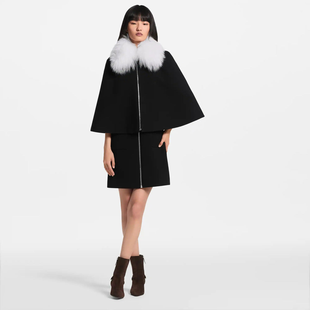 Women's Fur Collar Zip-Up Cape