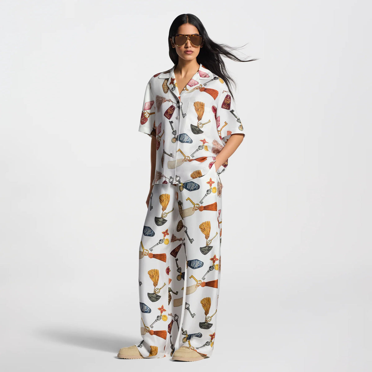 Women's Getaway Print Silk Twill Wide-Leg Pajamas