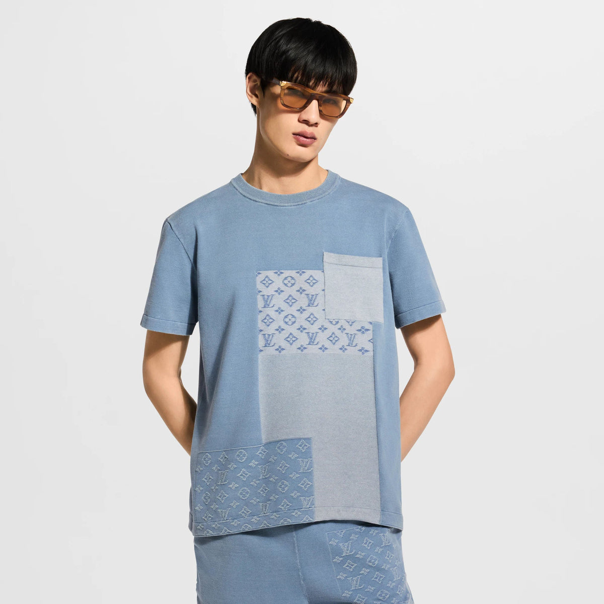 Men's Knitted Patchwork Denim Short-Sleeved Crewneck