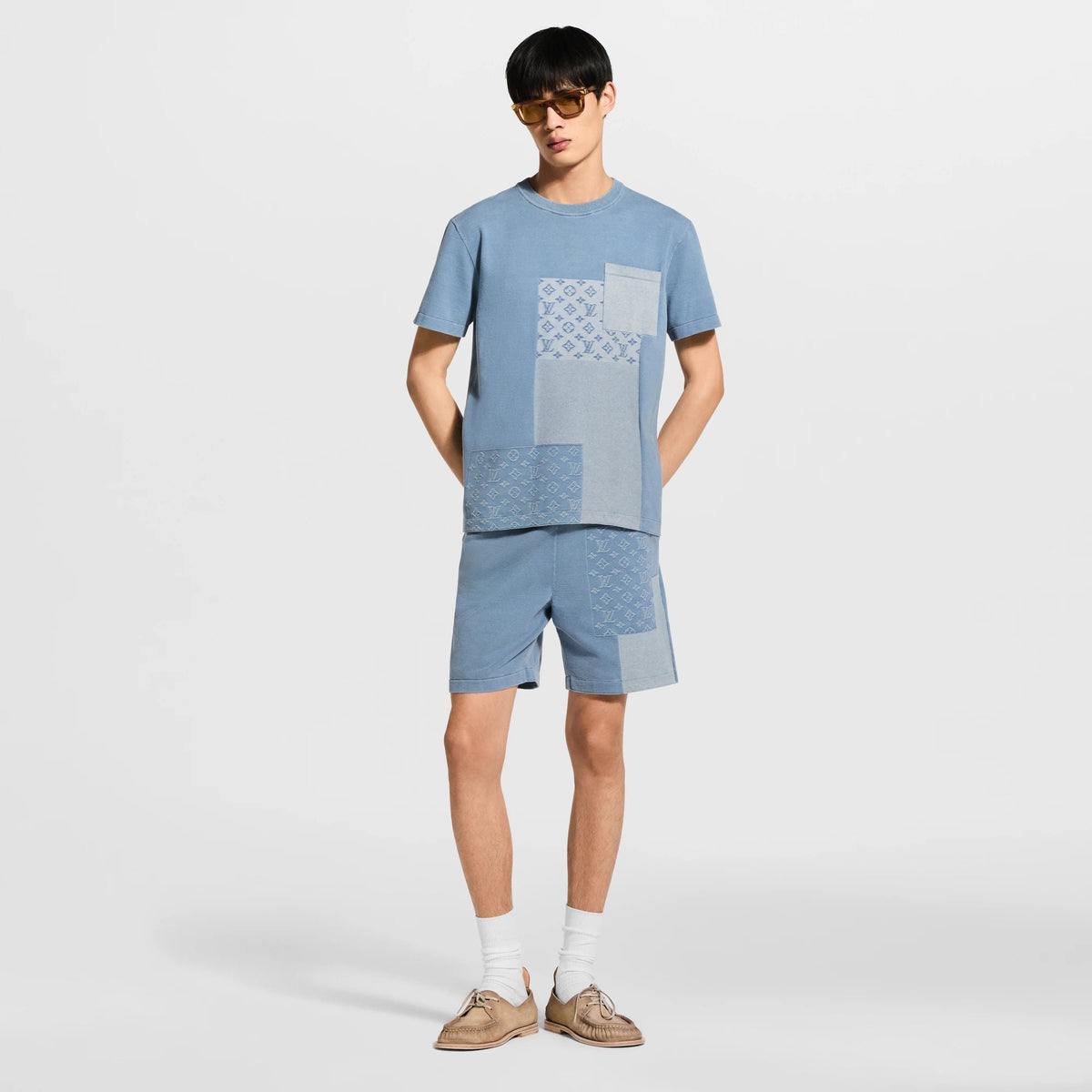 Men's Knitted Patchwork Denim Short-Sleeved Crewneck