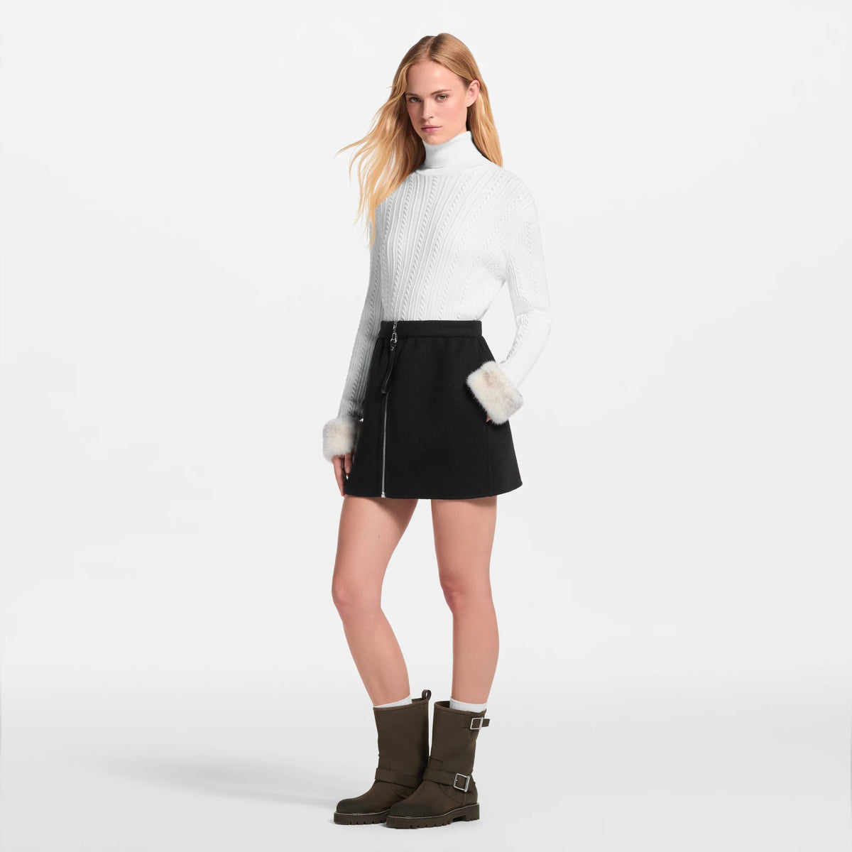 Women's Long-Sleeved Fur Cuff Turtleneck Top