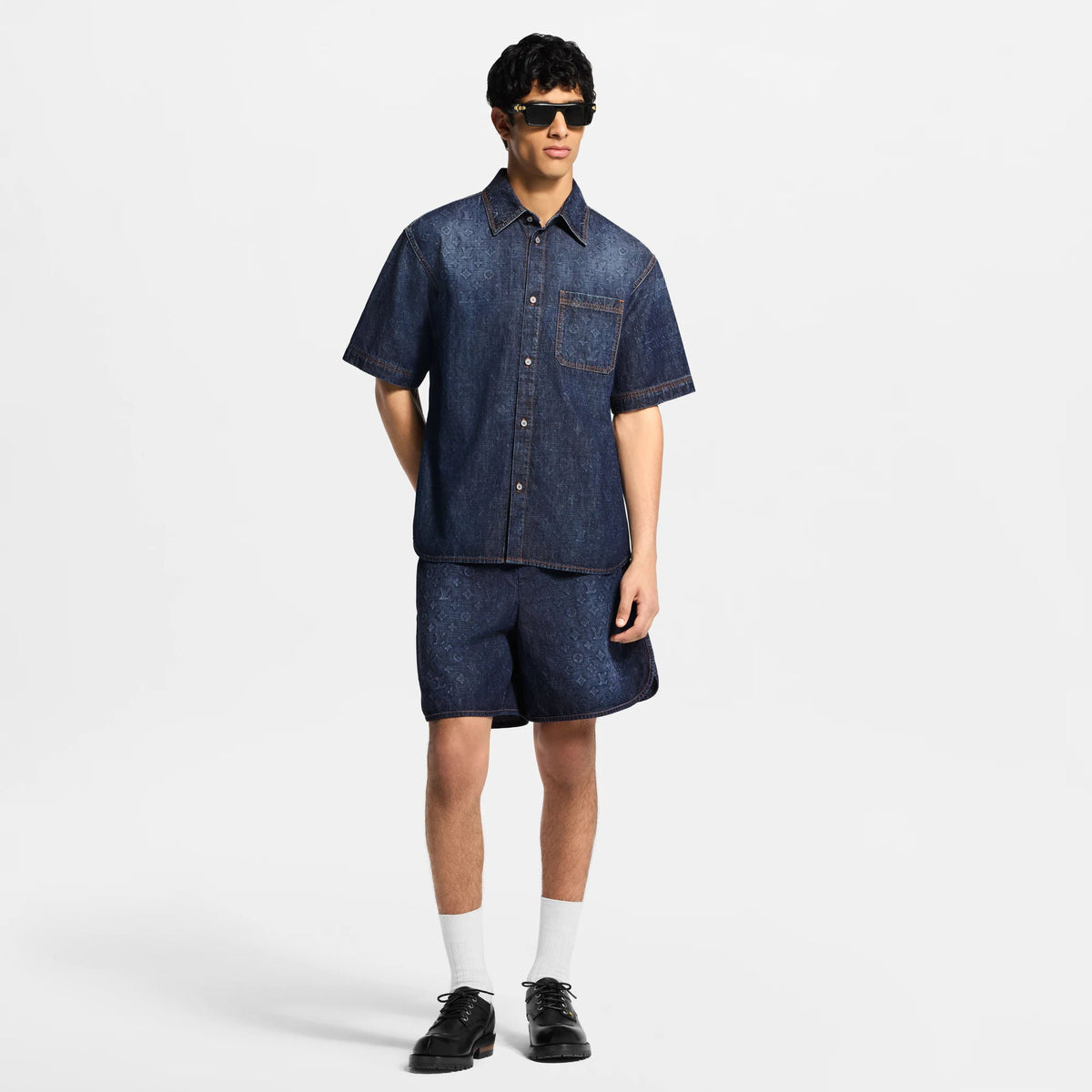 Men's Monogram Washed Chambray Short-Sleeved Shirt