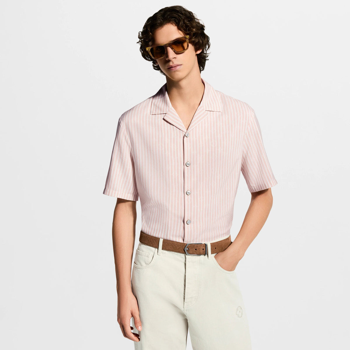 Men's Monogram Striped Silk Short-Sleeved Shirt