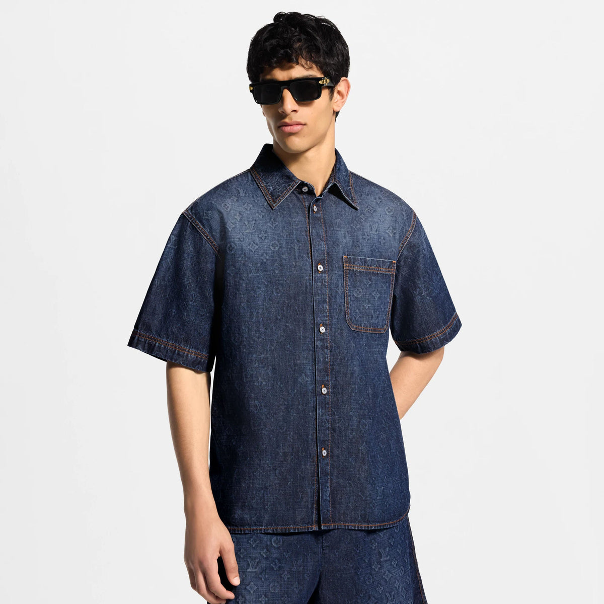 Men's Monogram Washed Chambray Short-Sleeved Shirt