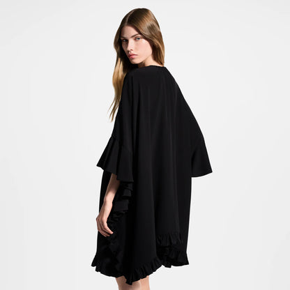 Women's Ruffle Trim Silk Crepe de Chine Caftan Dress