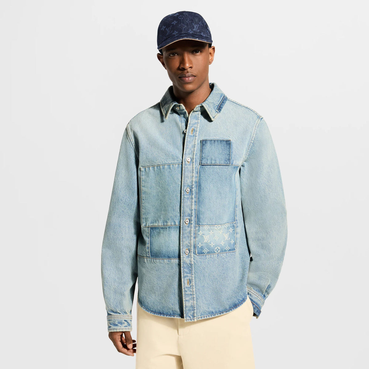 Men's Signature Patchwork Denim Long-Sleeved Shirt