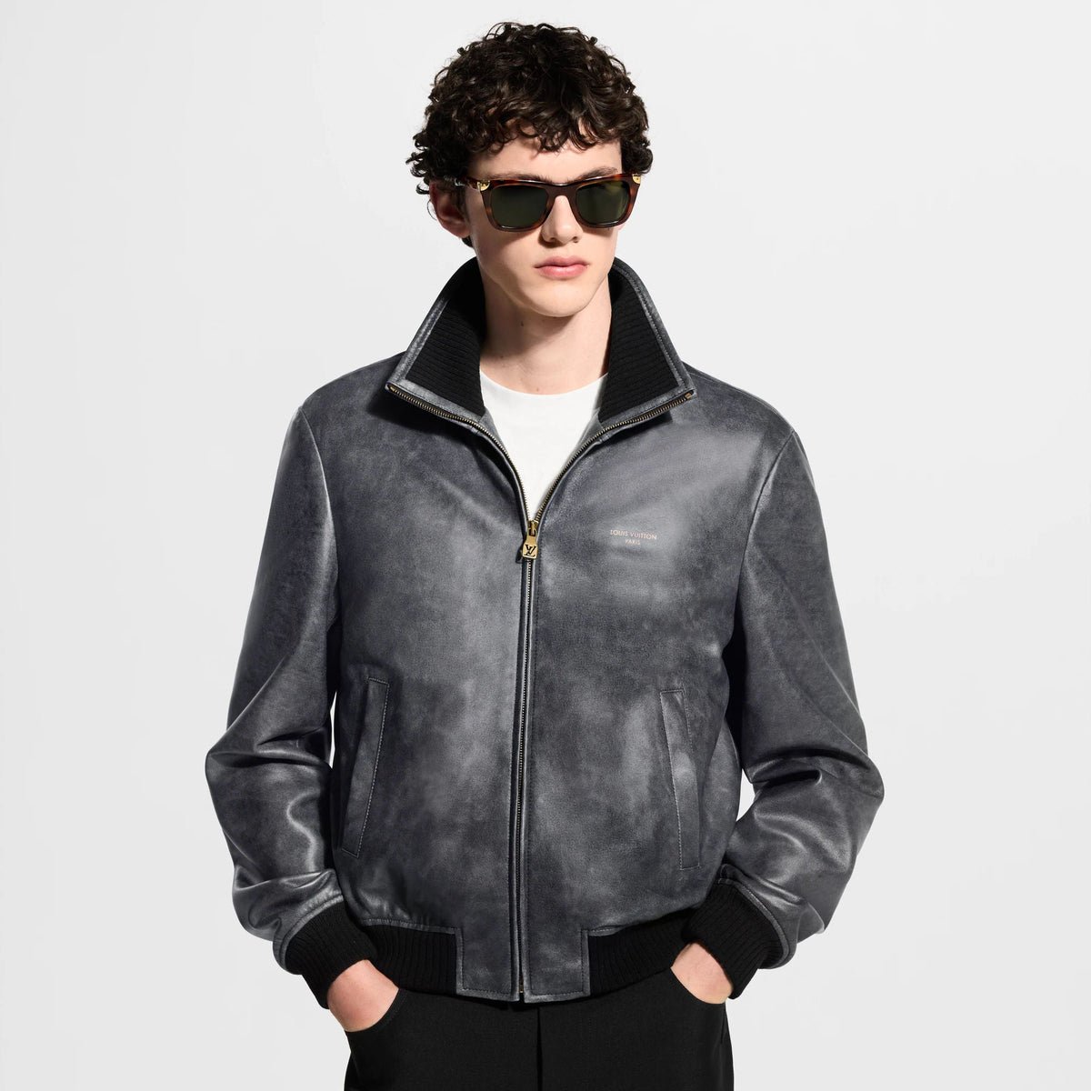 Men's Vintage Effect Leather Track Top