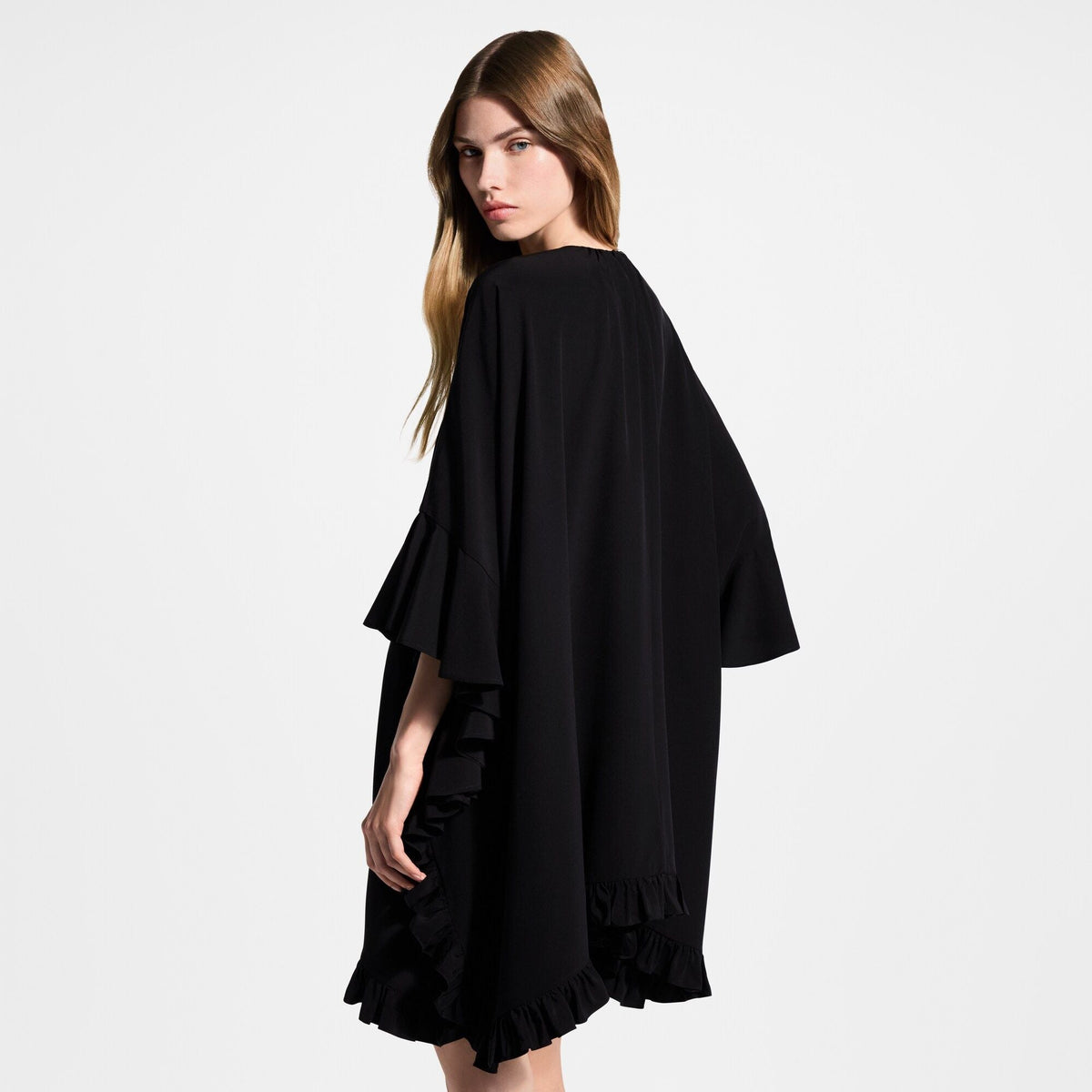 Women's Ruffle Trim Silk Crepe de Chine Caftan Dress