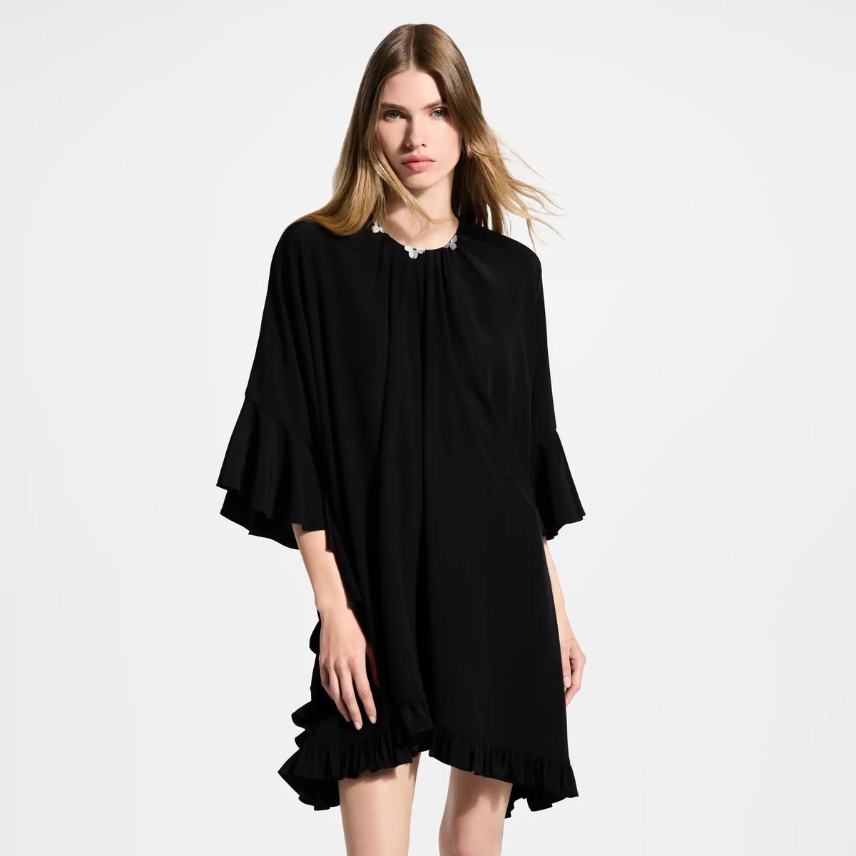Women's Ruffle Trim Silk Crepe de Chine Caftan Dress