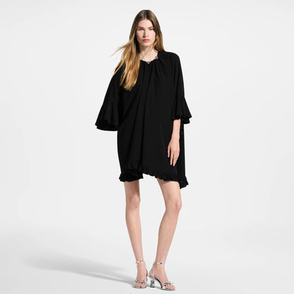 Women's Ruffle Trim Silk Crepe de Chine Caftan Dress