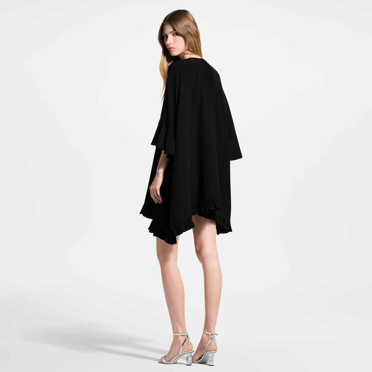 Women's Ruffle Trim Silk Crepe de Chine Caftan Dress