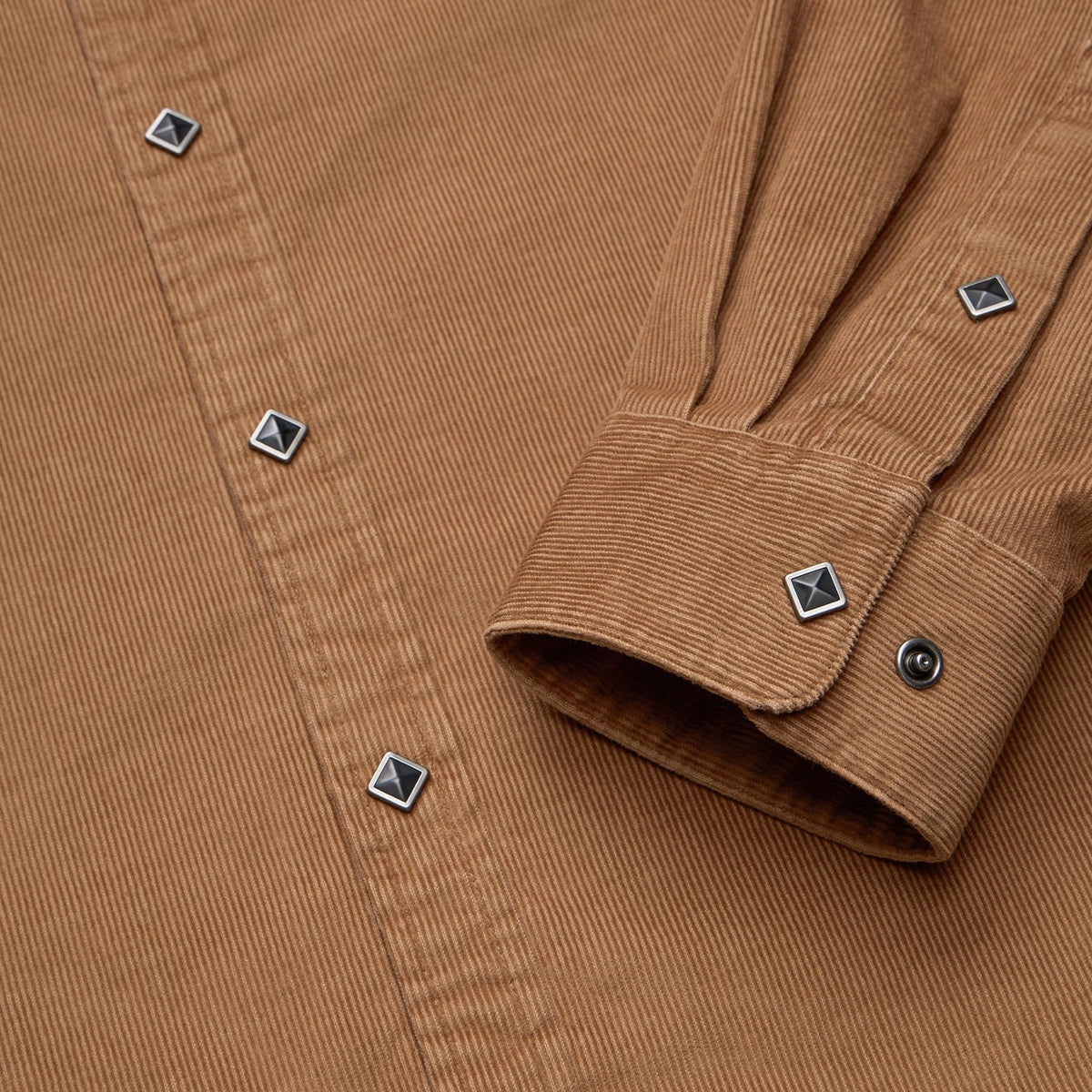 solid corduroy snap shirt in Duck Brown, worn on model