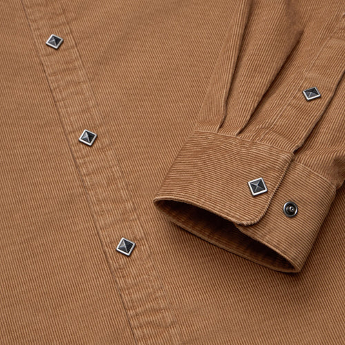 solid corduroy snap shirt in Duck Brown, worn on model