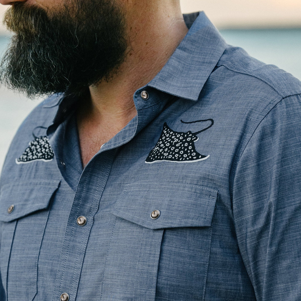 print performance knit western snap shirt in Patrolling Rays, back view